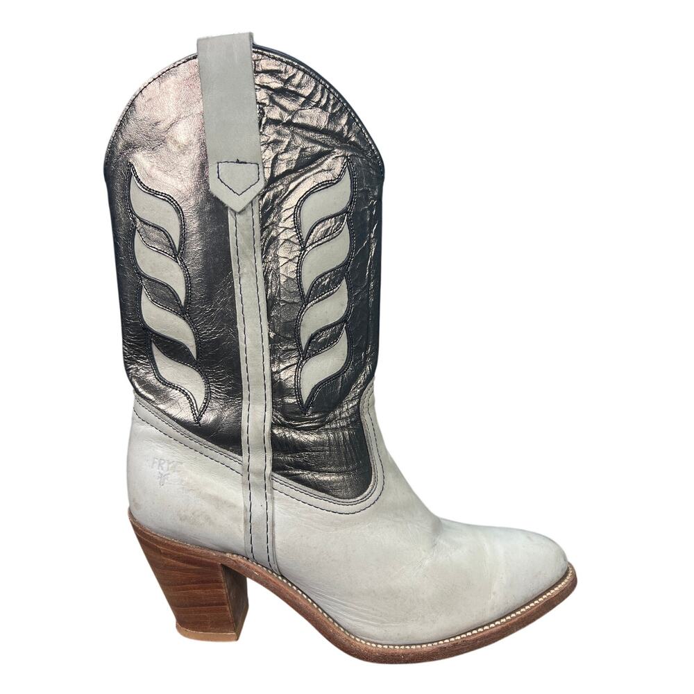 Vintage Frye Women's Cream Metallic Bronze Western Cowgirl Boot Size 9.5 D